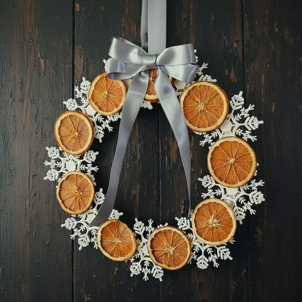 Decorative wreath made of dried oranges and flowers on a glass door.
