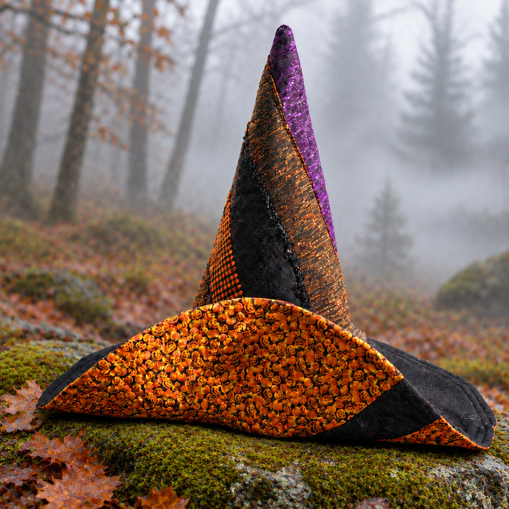 A handmade witch hat made from patterned fabric, displayed on a wooden deck with a backyard garden in the background. The hat features a purple glittery section on the pointed top, a black and brown checkered section, and an orange and black pumpkin pattern on the brim.