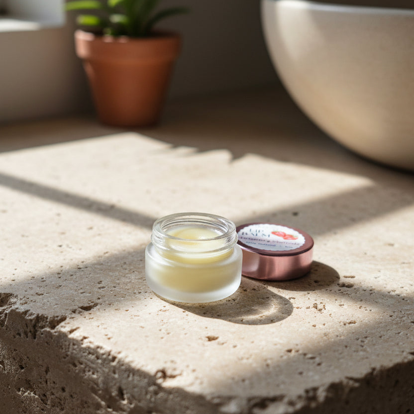 Small jar of lip balm with a pink lid on a wooden surface