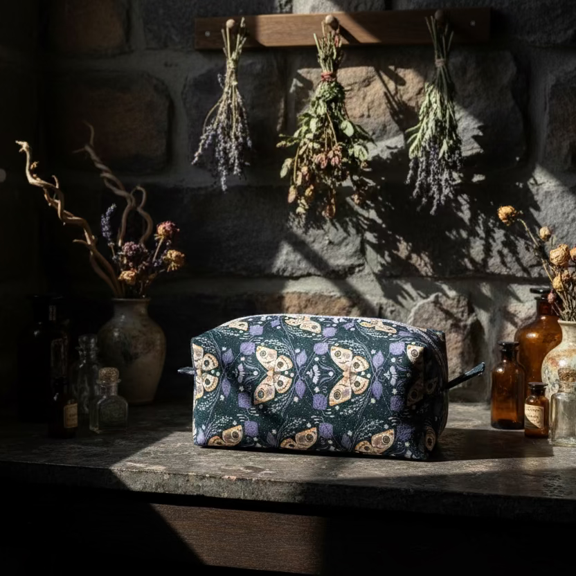 Patterned toiletry bag on a black stool outdoors
