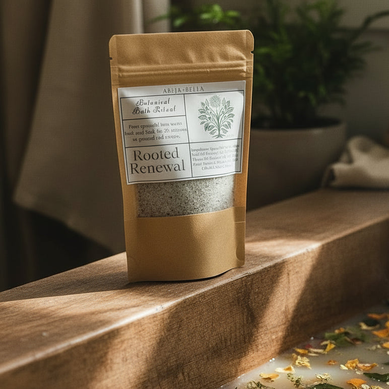 A kraft paper stand-up pouch labeled 'Rooted Renewal' and 'Aurora's Ash Root' sits on a light wood surface with scattered coarse salt crystals in the foreground. The background is a white wood-paneled wall.