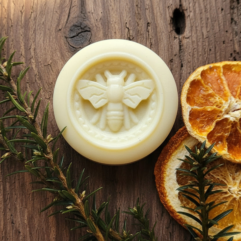 White lotion bar with a floral design on a wooden surface with dried oranges and rosemary.