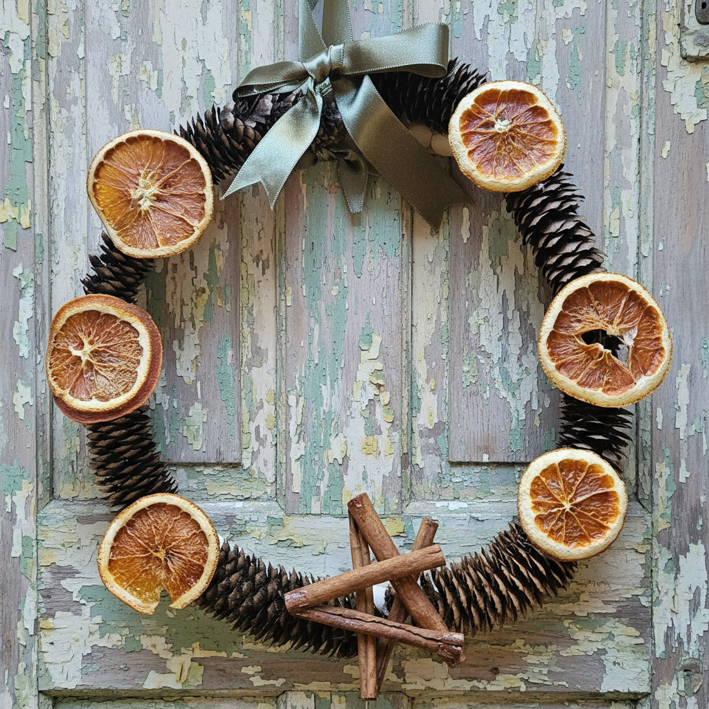 Decorative wreath with dried oranges and pine cones on a wooden surface with books in the background.