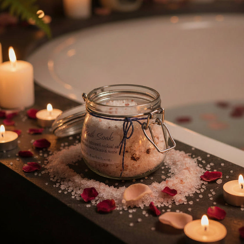 Relaxation scene with candles, a jar, and rose petals by a bathtub.