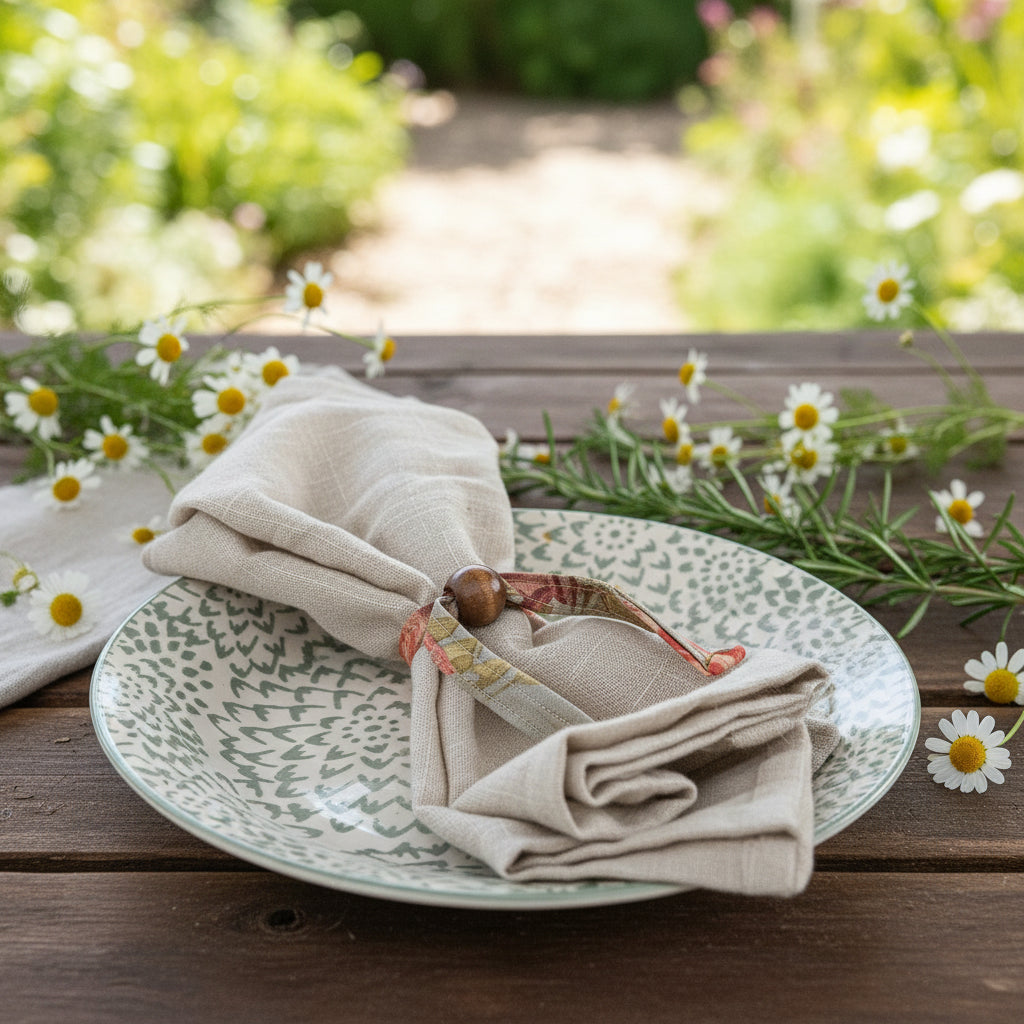 Folded beige napkin with a decorative bow on a patterned plate
