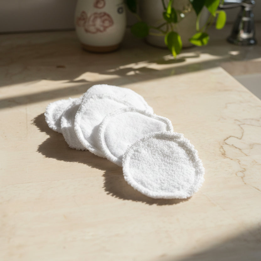 White cloth pads on a wooden surface