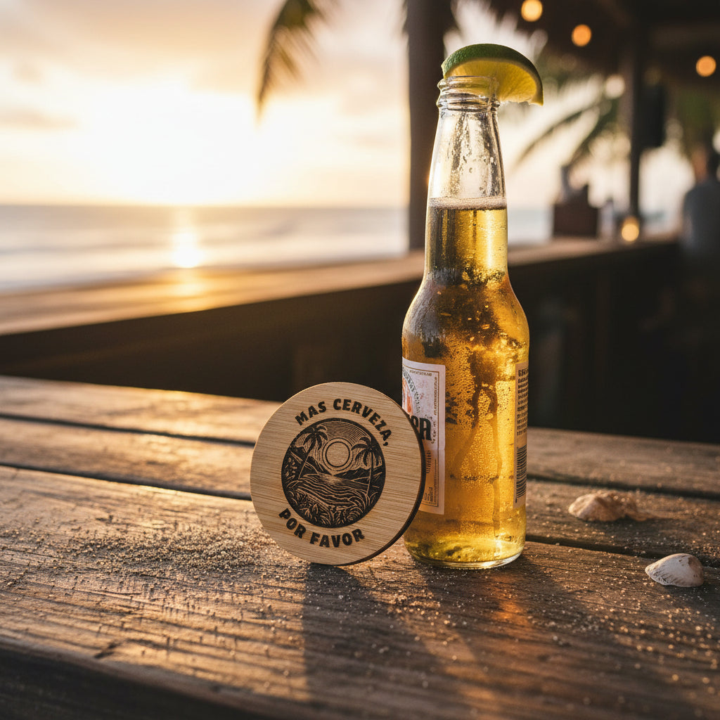 A round wooden magnet and coaster bottle opener on beach bar that reads, "Mas Cerveza, Por Favor"