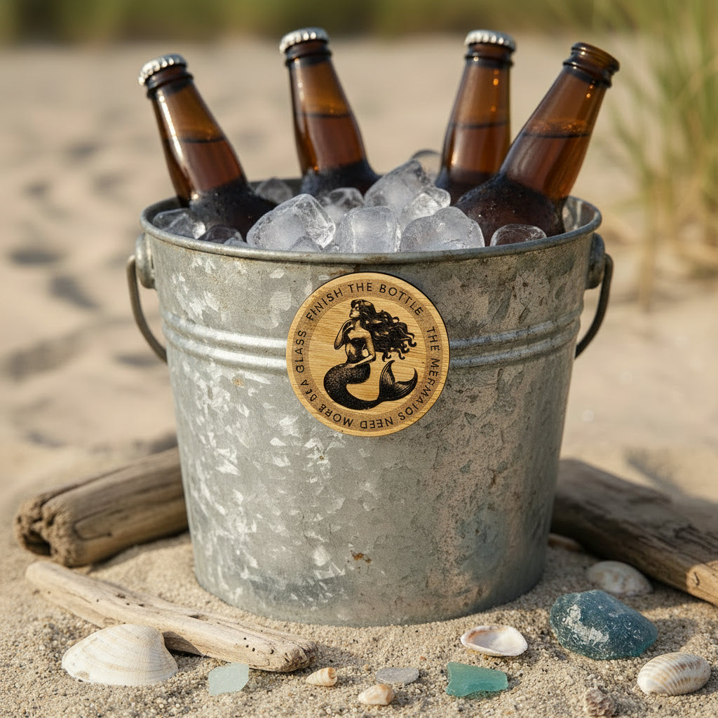 A round wooden bottle cap opener magnet and coaster on side of metal beverage bucket at the beach