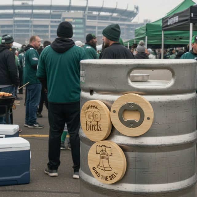 Three engraved wooden magnet bottle openers sticking to keg during philadelphia sporting event;
