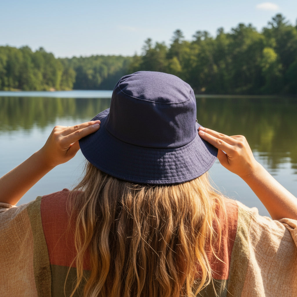 A person standing outdoors on a stone path wearing  a dark blue bucket hat, with mountains in background.