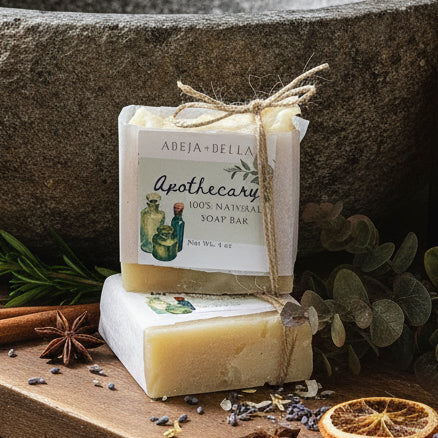 Two bars of handmade soap wrapped in cream paper with botanical illustrations and tied with twine, displayed on an apothecary table