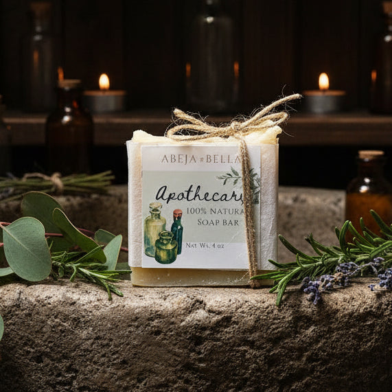 A wrapped bar of soap labeled 'Apothecary' by Abeja & Bella, tied with twine, placed on a light wood surface with dried greenery in front of a white wood plank background.