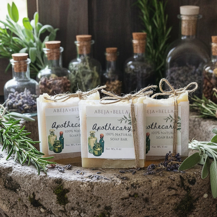 Three small bars of soap wrapped in kraft paper and tied with twine, each with a white label reading 'Apothecary' and 'ABEJA BELLA', arranged on a light wood surface with a rustic white wood background and decorative greenery.