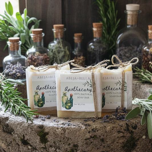 Three small bars of soap wrapped in kraft paper and tied with twine, each with a white label reading 'Apothecary' and 'ABEJA BELLA', arranged on a light wood surface with a rustic white wood background and decorative greenery.