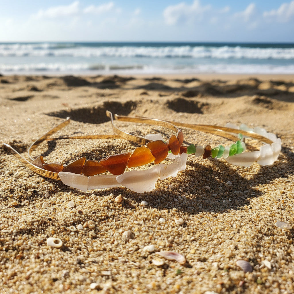 Four handmade headbands made from natural sea glass, laid out on a sandy beach