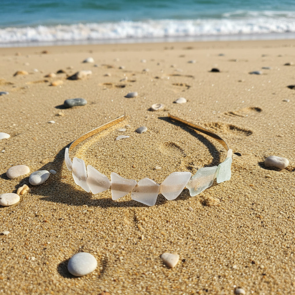 A thin headband with alternating white and light gray leaf-shaped beads and a brown elastic band, resting on a wooden deck table in natural sunlight.