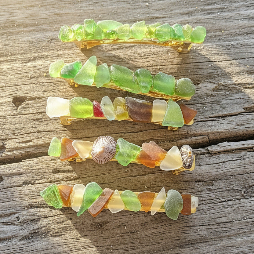 Set of colorful hair clips on a wooden surface
