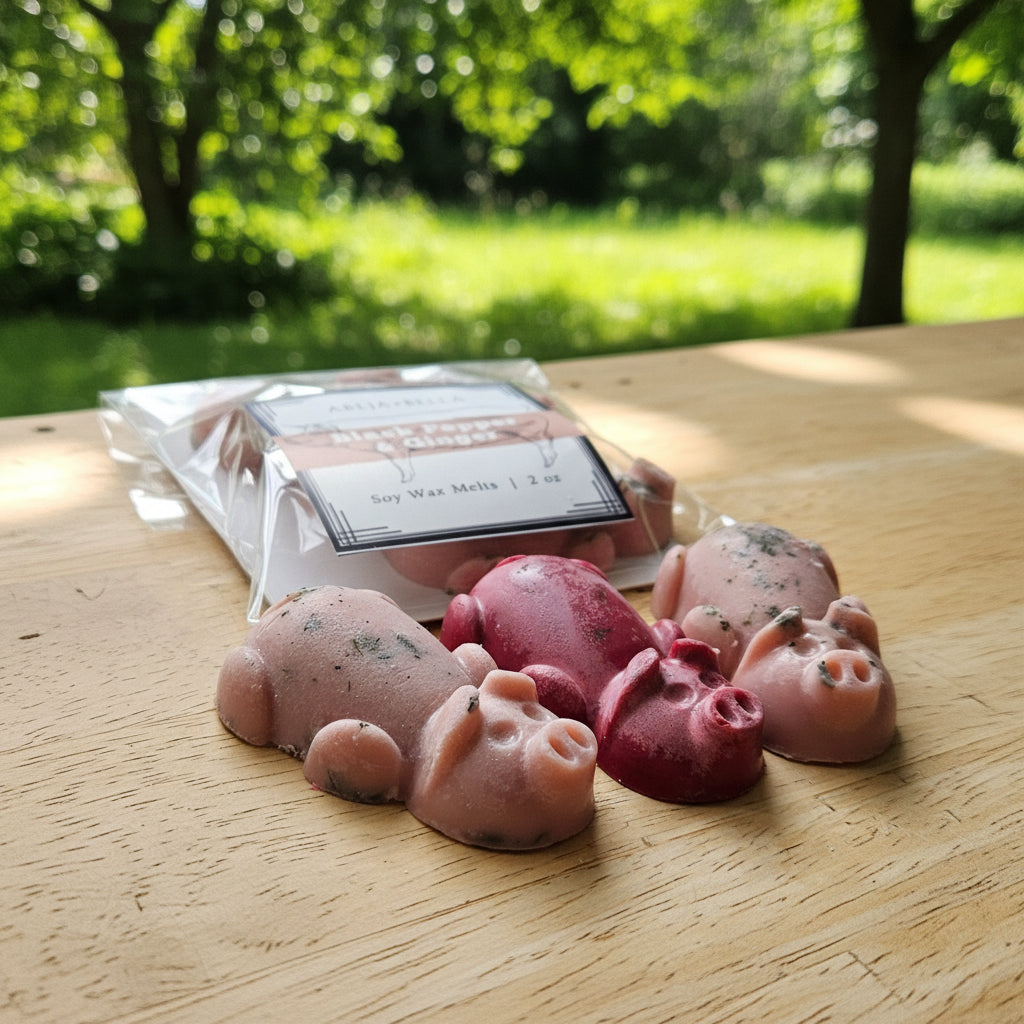 Pink pig-shaped wax melts on wooden outdoor  table