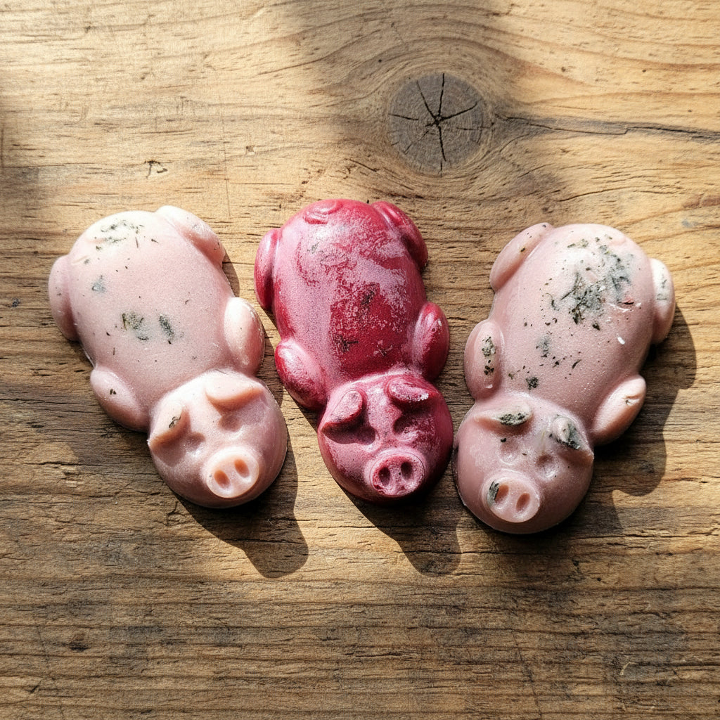 Three pink pig-shaped wax melts on a wooden surface
