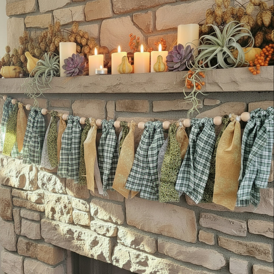 A rustic fabric garland made of multiple plaid and solid fabric strips in muted green, blue, tan, and brown tones, hung across a red brick fireplace mantel with dried branches above.