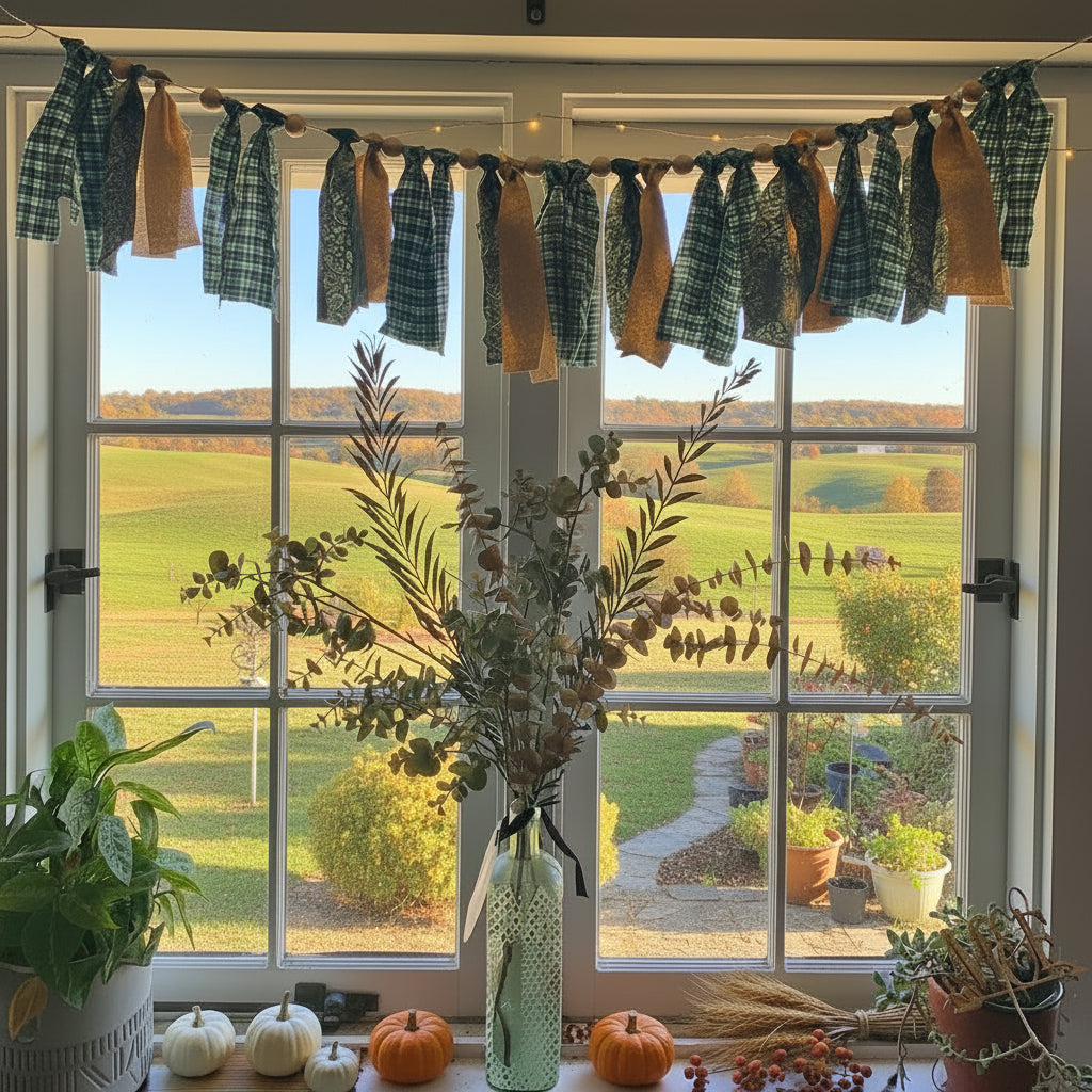A rustic fabric bunting banner with green plaid and tan patches hangs across a white-framed window above a windowsill decorated with potted plants and a tall vase of dried branches.