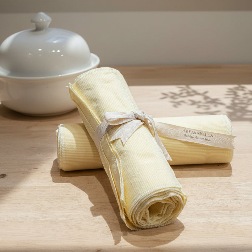Two rolled-up yellow towels with white ribbons on a wooden surface.