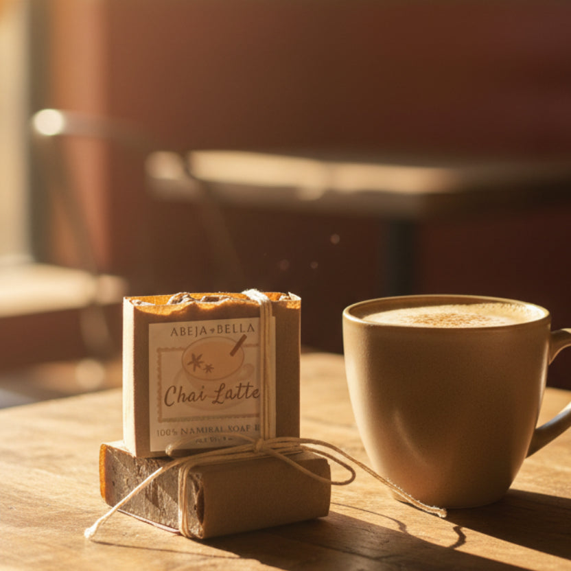 Two wrapped bars of soap stacked on a light wood surface against a white wood paneled background. The top bar has a visible paper label reading 'AREJA + BELLA Chai-Latte'.