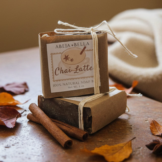 A small wrapped chai latte scented natural soap bar tied with a string sits on a light wood surface against a white paneled background.