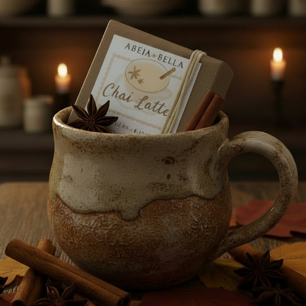 A square soap bar wrapped with white twine and a paper label reading 'ABEJA+BELLA Chai-Latte', placed on a light wood surface against a white paneled background.