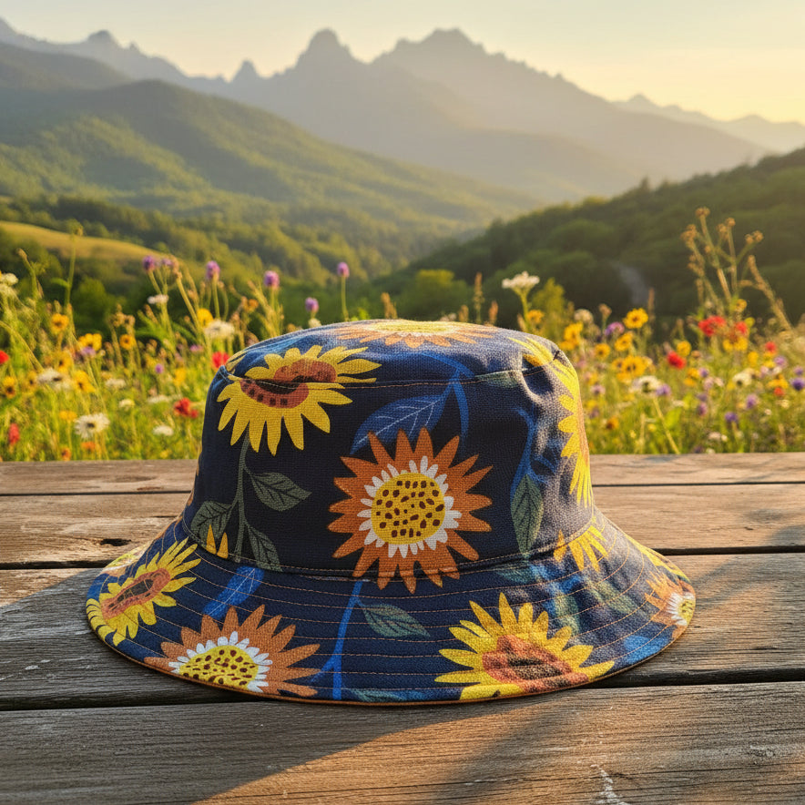 Colorful sun hat with floral pattern on a wooden surface against a brick wall.