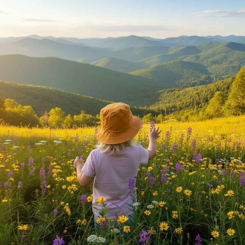 Person wearing an orange bucket hat in a mountainous landscape with flowers and trees.