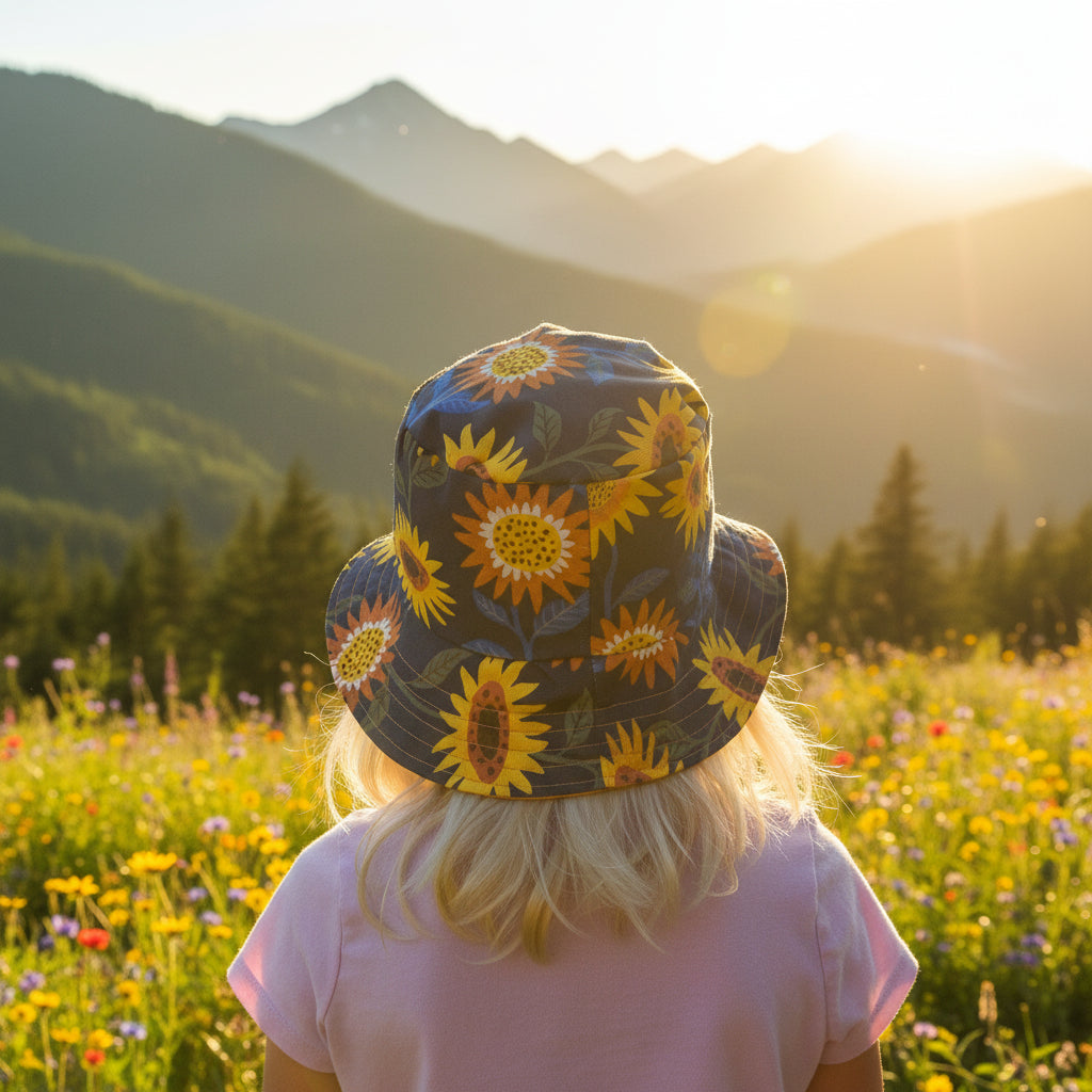 Person wearing a colorful sunflower-patterned hat in a natural setting with greenery.