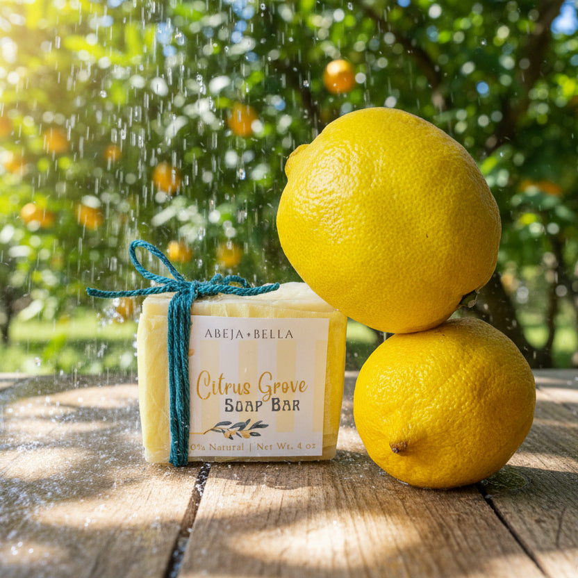 Two lemons and a bar of soap on a wooden surface