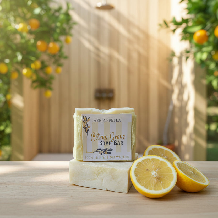 Bar of organic citrus soap with a label on a wooden surface