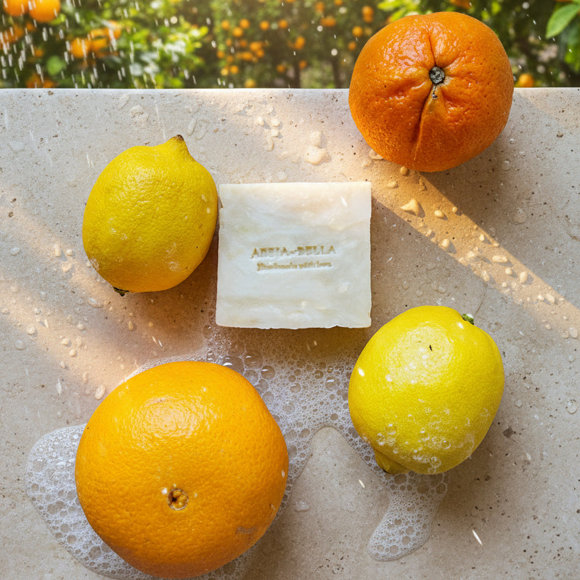 Bar of soap surrounded by oranges and lemons on a wooden surface