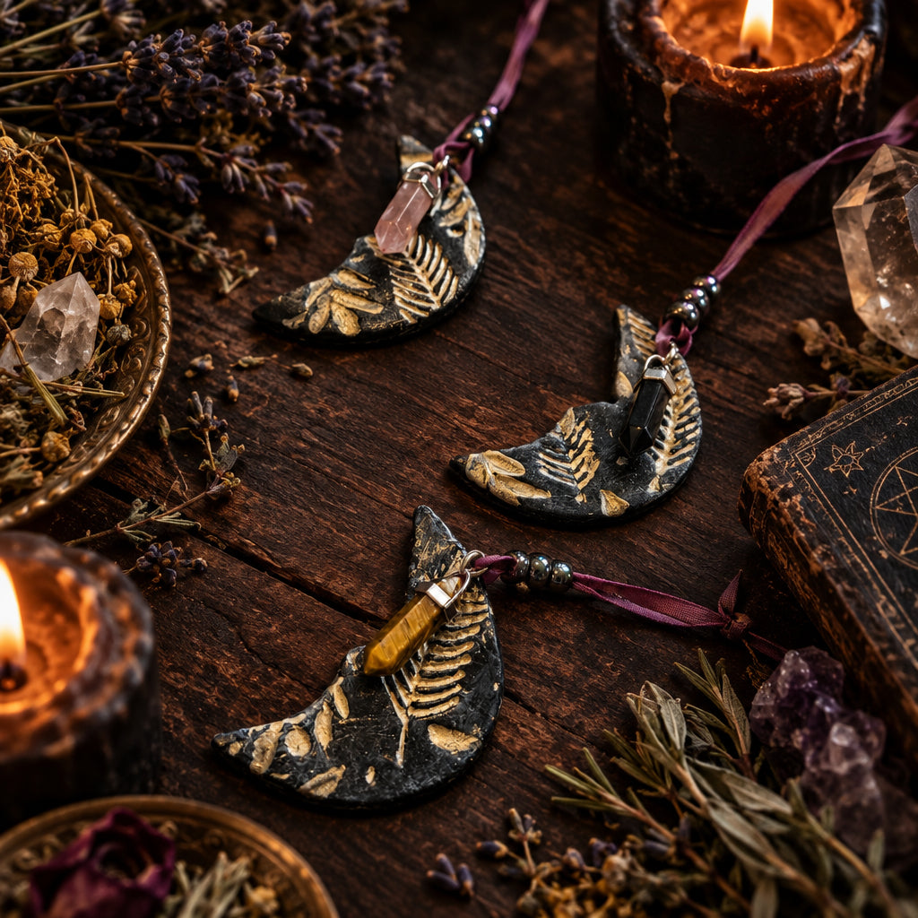 Handmade clay moon ornament with beads and charms