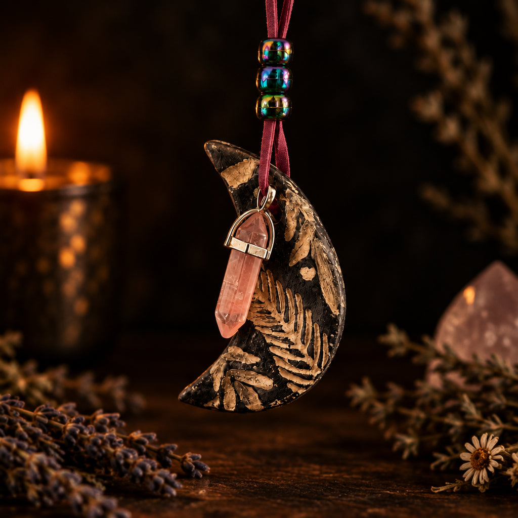 Hanging handmade clay moon ornament with crystal charm and beads