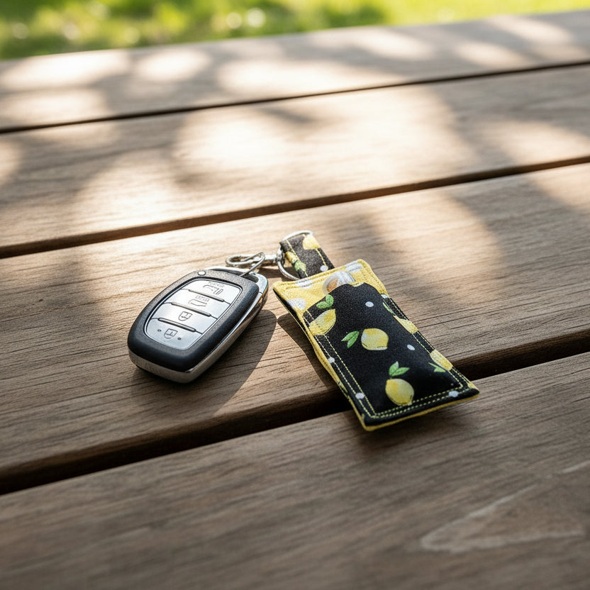 Keychain with lemon pattern and car key fob on a wooden surface