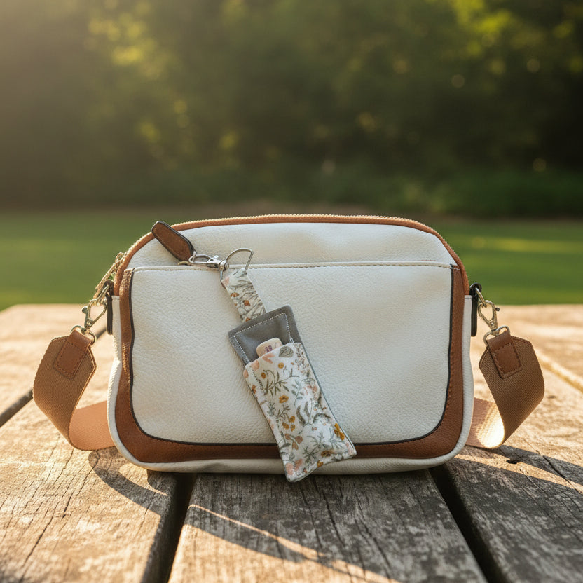 White bag with clip-on lip balm holder keychain