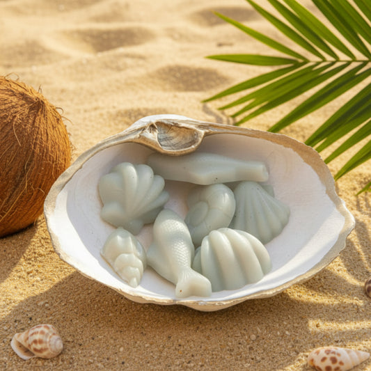 Decorative shell with carved sea creature figures on a wooden surface