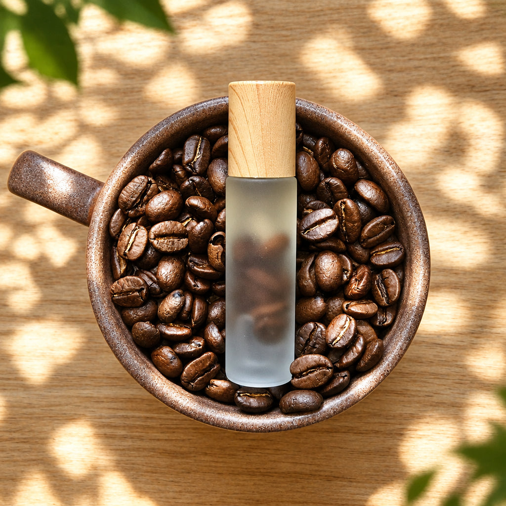 A small clear glass vial with a light wood cap stands upright in a brown ceramic mug filled with roasted coffee beans, placed on a light wood tabletop.