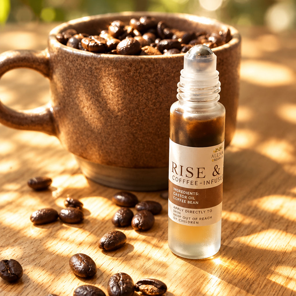 A small clear roller bottle labeled RISE & REFRESH COFFEE ROASTERS sits on a light wood surface beside a brown ceramic mug filled with coffee beans, with scattered coffee beans in front.