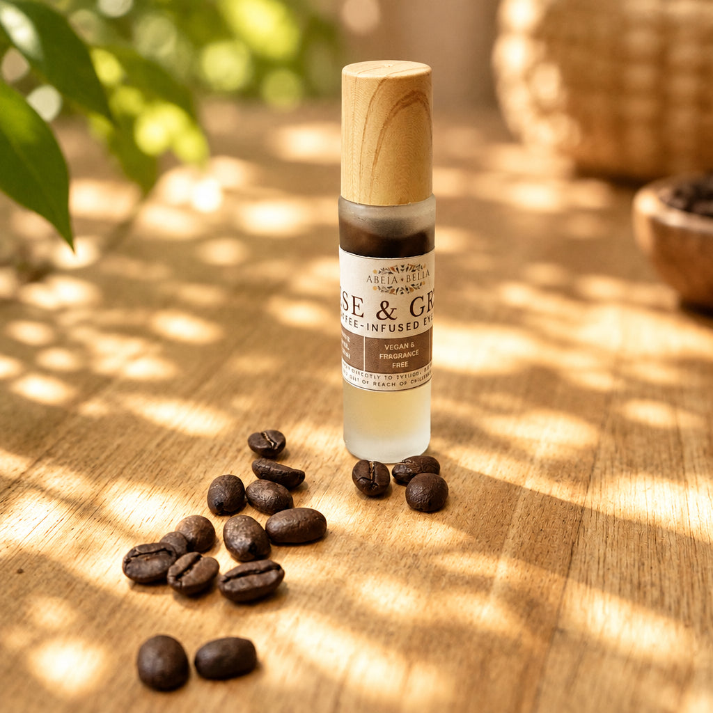 A small clear glass roller bottle with a light wood cap stands on a light wood surface, surrounded by scattered dark coffee beans. 