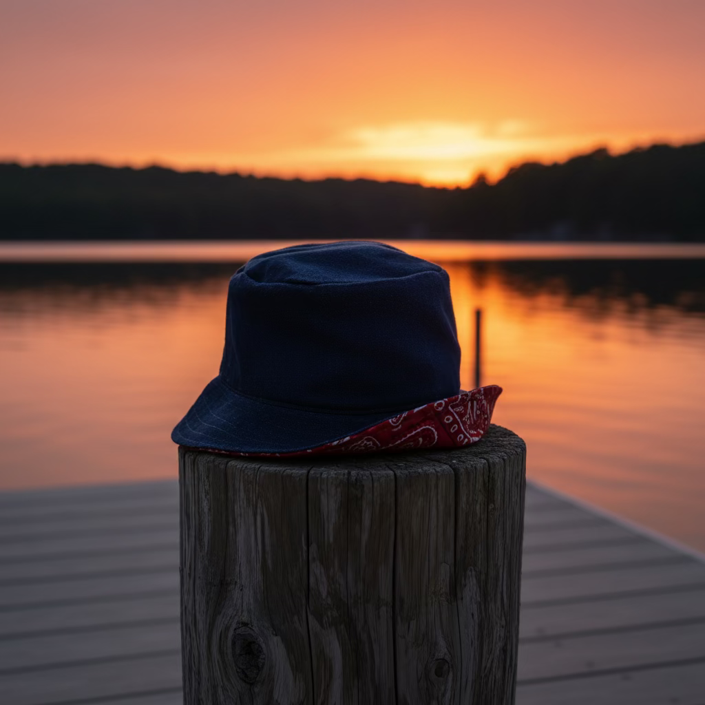 A blue bucket hat with a red patterned bandana under it, resting on a wooden pier piling on a gray wooden deck.