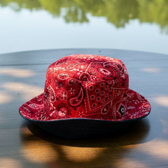 A red paisley bandana bucket hat resting on outdoor patio table, with a lake background visible.