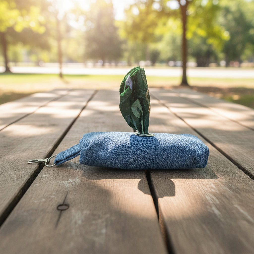 Dog Waste Bag Holder on picnic bench