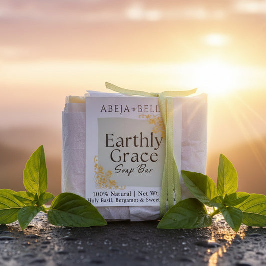 Bar of soap labeled 'Earthly Grace' on a wooden surface
