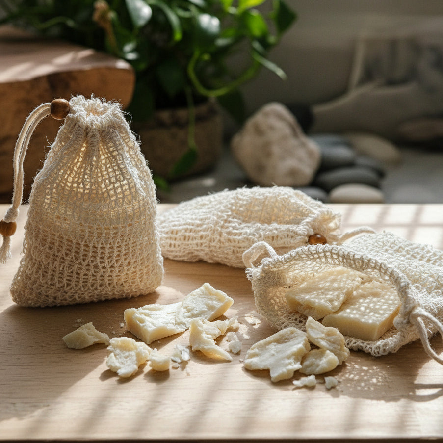 Three cream-colored knitted drawstring soap pouches with wooden beads and a few dried plant pieces arranged on a light wood tabletop.
