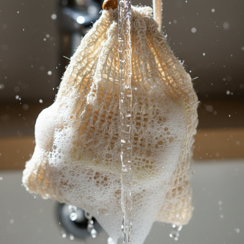 An off-white mesh drawstring soap bags and a small rectangular bar of soap arranged on a light wood surface.
