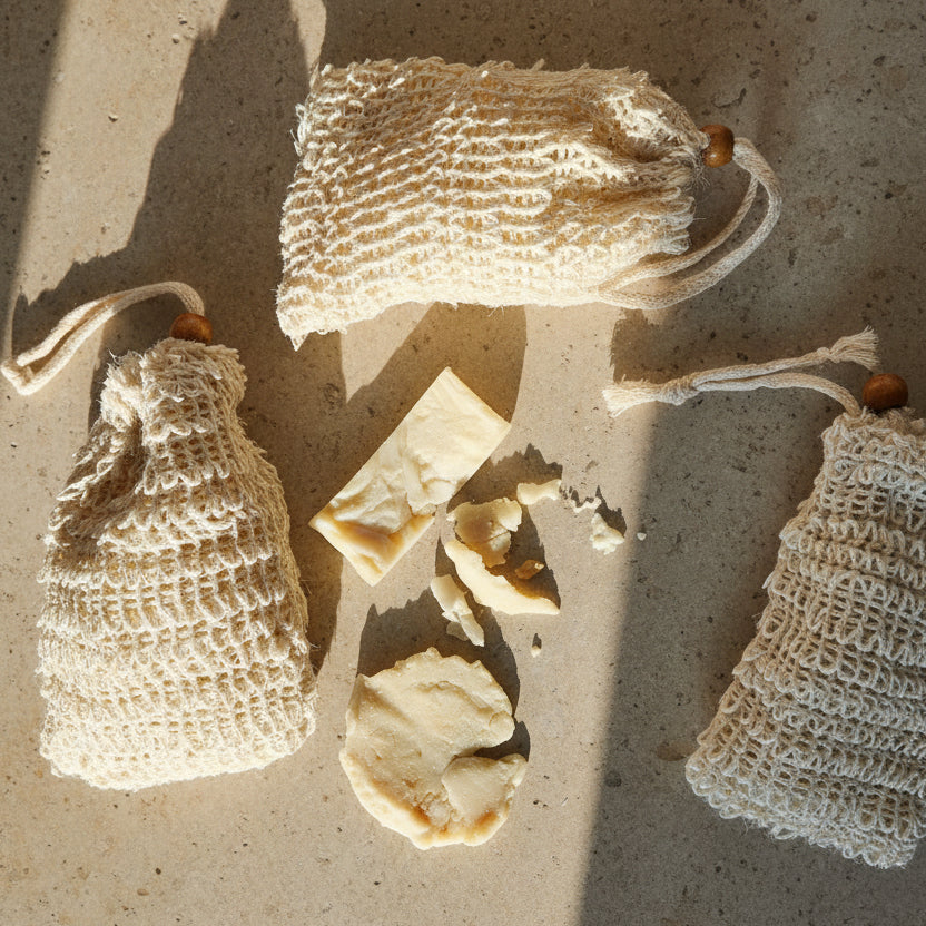 Three off-white crochet mesh drawstring soap pouches with wooden beads are arranged on a light wood tabletop alongside some cut handmade soap scraps, photographed from above.